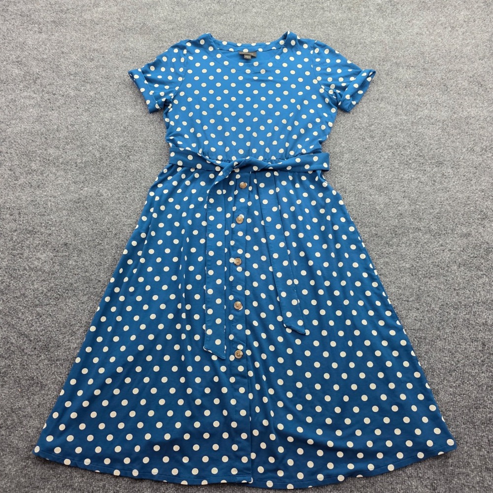 J. Jill Wearever Polka Dot Dress Midi Belted Button Front Blue XS Womens Stretch